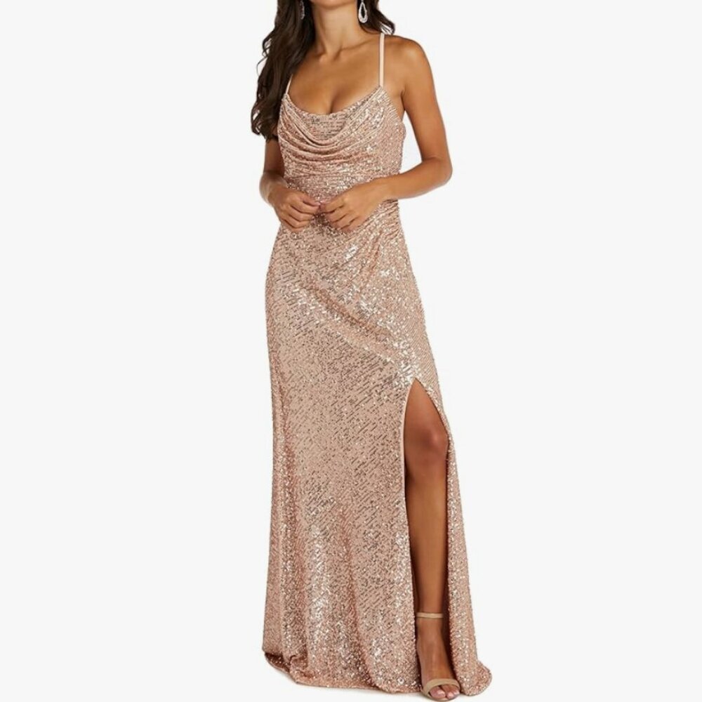 Nightway Collections Rose Gold Sequin Maxi Dress